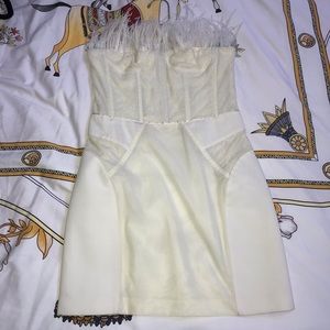 Maje cream sweetheart feather neck mini dress